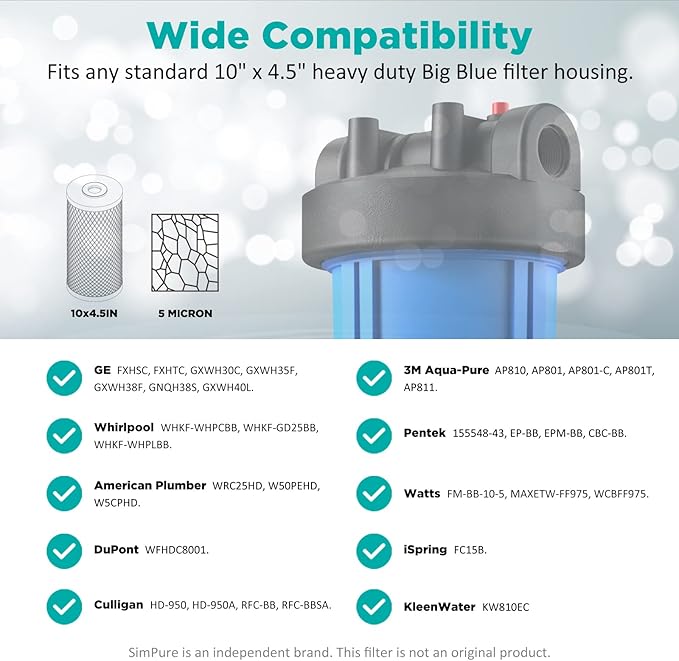 SimPure 5 Micron 10 x 4.5 Inch Whole House Carbon Water Filter | CTO Activated Coconut Carbon Replacement Cartridge | Fits DB10P, DB10C-2, GE GXWH40L, GXWH35F, BB10, FXHTC, FC15B (2Pack)