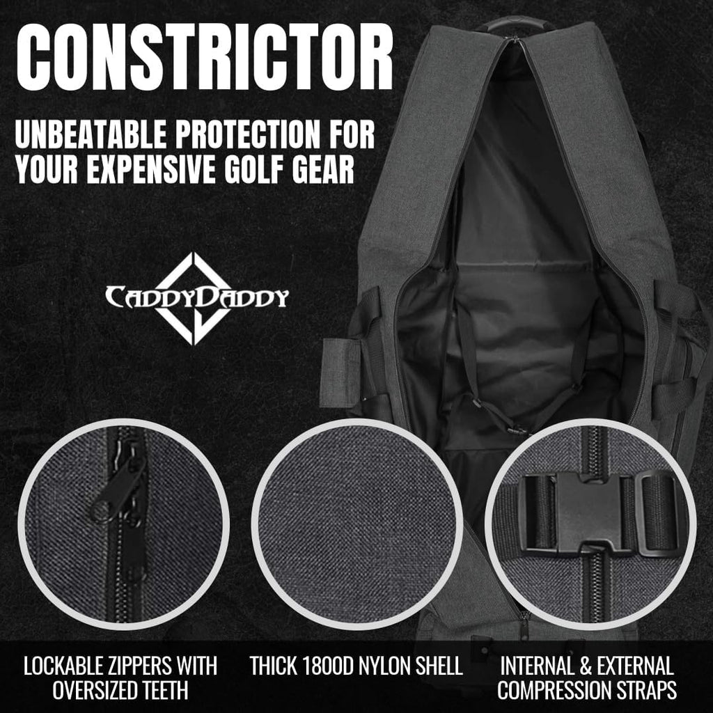 CaddyDaddy Constrictor Soft-Sided Golf Travel Bag Cover with Thick Dense Foam Padded Top 1 Year Full Travel Bag Replacement Coverage | Wheels & Lockable Zippers Case for Transporting Clubs on Airlines