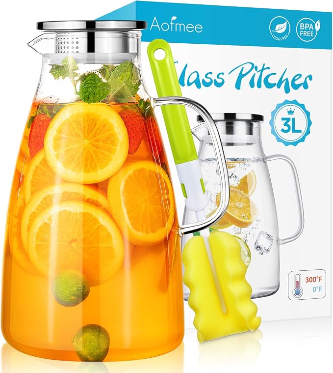 Aofmee 100 Oz Glass Pitcher, 3L Water Pitcher by Aofmee