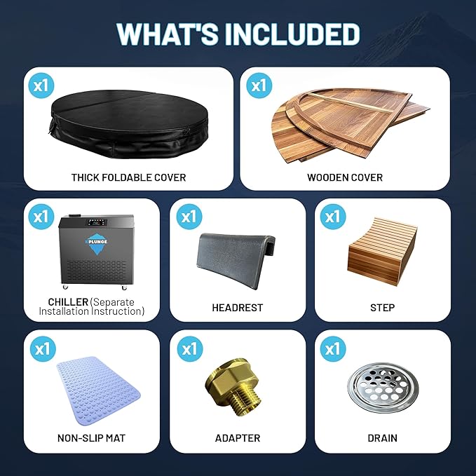 Premium 62-in. Cedar Wood Cold Plunge and Hot Tub with 1HP Chiller and Heater | Stainless Steel Tub with Wooden Step, Foldable Cover, Headrest, and WiFi App Control Chiller for Indoor/Outdoor Use