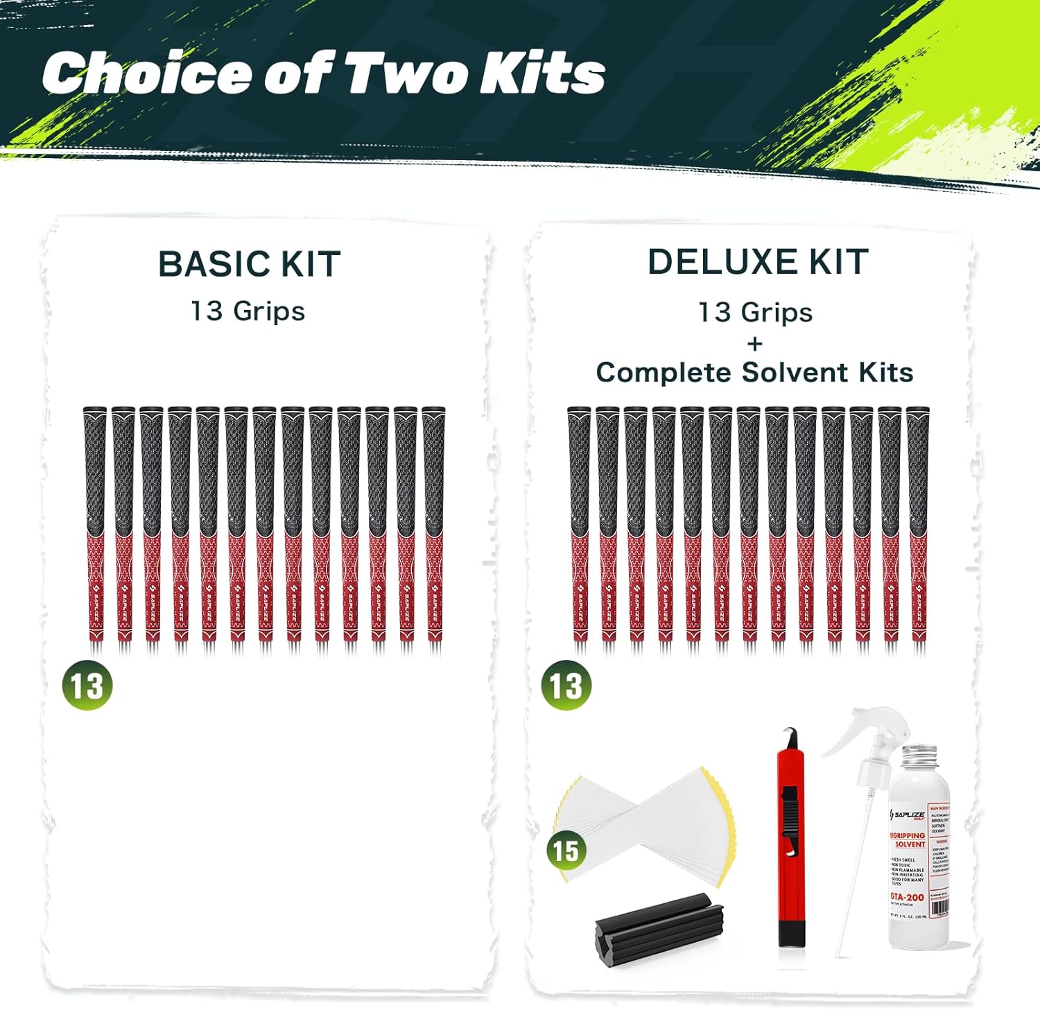 SAPLIZE Hybrid Golf Grips (CL07) - Set of 13, Innovative Design, Cross Corded Rubber Technology, Options of 8 Colors, Standard/Midsize, Basic/Deluxe Kit for Choice, Multicompound Golf Club Grips