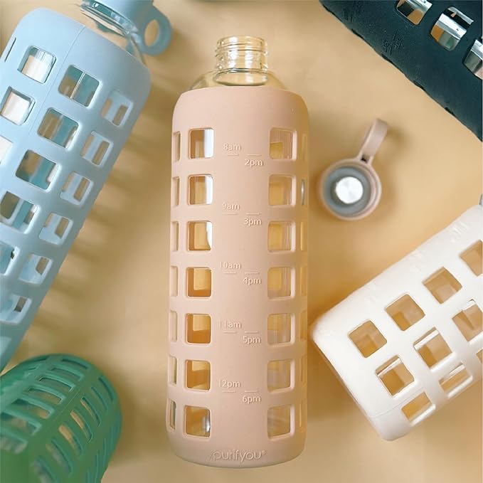 purifyou 40oz / 32oz / 22oz / 12oz Borosilicate Glass Water Bottle with Time & Volume Markers, Silicone Sleeve, Stainless Steel Lid | Reusable Glass Bottle for Water & Juice (40oz Hazelnut)