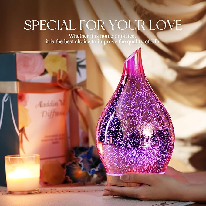 Porseme 280ml Essential Oil Diffuser, 3D Glass Aromatherapy Diffusor, Ultrasonic Cool Mist BPA Free Aroma Humidifier with Timer and Color Changing Function, Waterless Shut-Off for Home Office Room