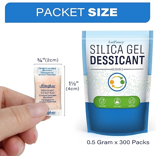 LotFancy Silica Gel Packets, 300 Packs 0.5 Gram, Indicating Desiccant Dehumidifier Packets, Moisture Absorber Bags for Spices Jewelry Shoes