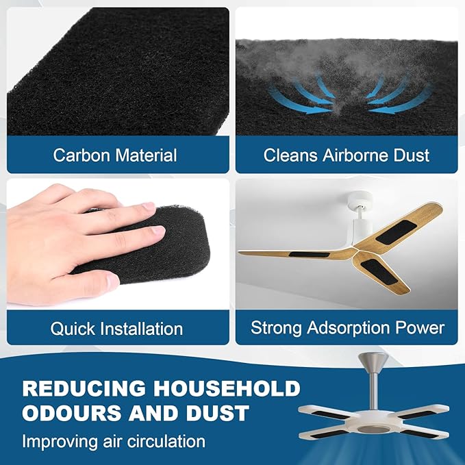 Storystore 12 Pack Ceiling Fan Filters for Blades - 3.5" x 10" Activated Coconut Carbon Filters for Fan, Self-Adhesive Filter Pads, Universal Fit Most Standard Household Fans (Black)