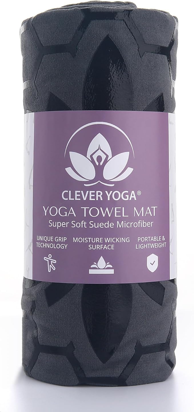 Clever Yoga Non-Slip Hot Yoga Towel – Non-Slip Grip for Hot Yoga, Sweat Absorbent, Honeycomb Silicone Grip, Stays Flat – Ideal for Pilates, Travel, Washable & Lightweight - Gray-FlexoryFit
