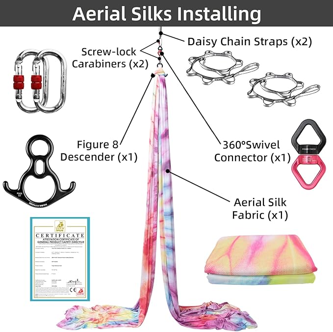 PRIOR FITNESS Aerial Silks Kit Colorful 9/15/20 Yards 40D Nylon Fabric Hammock Set With Hardware & Guide for All Levels Of Aerial Yoga Practice and Acrobatic Flying For Adults Aerial silk-FlexoryFit