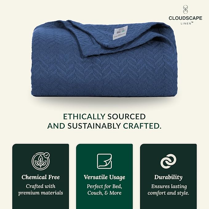 Cloud Scape Linen 100% Cotton Queen Size Blanket, Herringbone Pattern, Lightweight Summer Blanket,Best Gifts for Women, fits Full Size Bed, 92 x 92, Ensign Blue