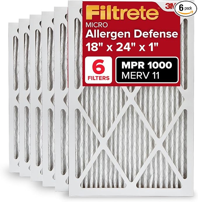 Filtrete 18x24x1 AC Furnace Air Filter, MERV 11, MPR 1000, Micro Allergen Defense, 3-Month Pleated 1-Inch Electrostatic Air Cleaning Filter, 6 Pack (Actual Size 17.81x23.81x0.81 in)