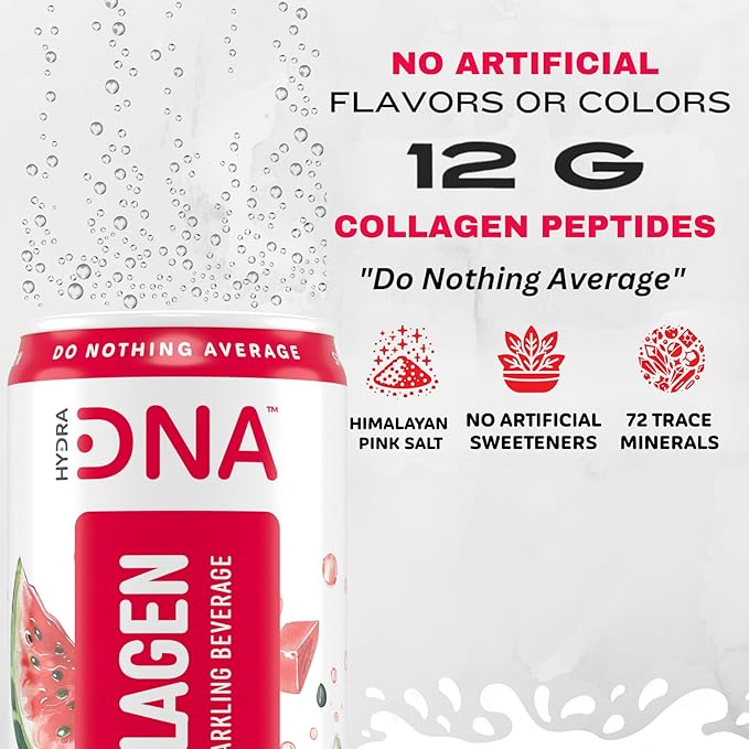 HYDRADNA- Sparkling Liquid Collagen Protein Water Drink Balanced Nutrients for Wellness - Sugar-Free - Keto-Friendly - No Gluten (12 Pack) Watermelon-FlexoryFit