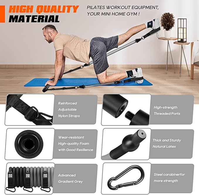 Pilates Bar Kit with Resistance Bands, Heavy Duty Pilates Equipment for Men, Strength Training Bar for Legs, Hip, Back, Arm, Abs, Chest, Shoulders, Portable Home Gym Full Body Workout Equipment-FlexoryFit