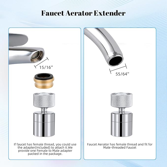 Hibbent Dual-function Solid Brass Faucet Aerator, Big Angle Rotate Metal Kitchen Sink Aerator 360 Degree Swivel Sink Sprayer Attachment-55/64 Inch Female Thread-Chrome