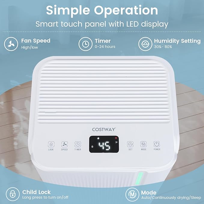 COSTWAY 32 Pints Dehumidifier for Home, 2000 Sq.Ft Portable Dehumidifier for Bedroom, Basement, Bathroom, 24H Timer, 3-Color Indicator, 3.3 FT Drain Hose, 4 Wheels