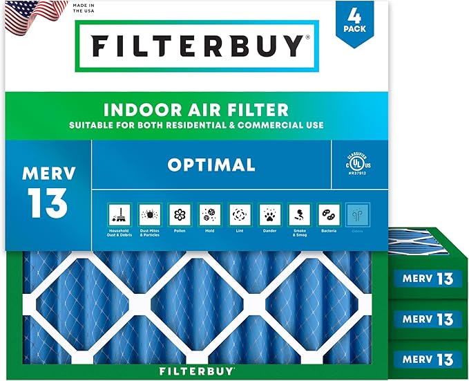 Filterbuy 25x25x2 Air Filter MERV 13 (MPR 1900) Health Defense Replacement (4-Pack), Electrostatic Pleated HVAC AC Furnace Filters, Made in USA (Actual Size: 24.50 x 24.50 x 1.75)