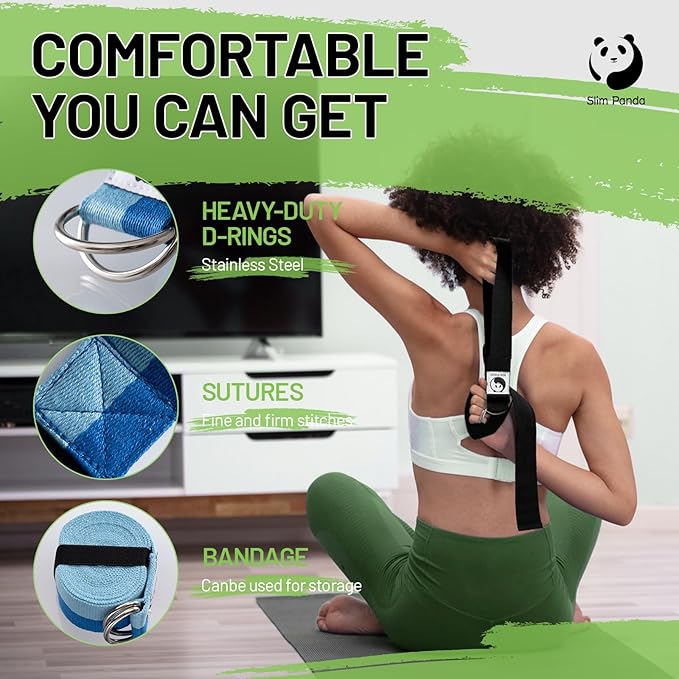Slim Panda Yoga Strap for Stretching,Cotton Yoga Strap with Adjustable D-Ring Buckle,Non-Elastic Yoga Belt for Pilates,Gym Workouts,Physical Therapy,Improve Flexibility-FlexoryFit