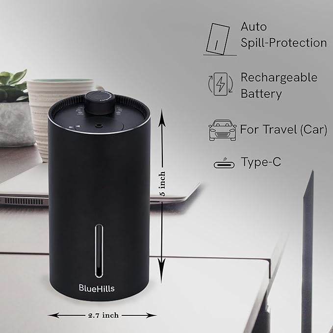 BlueHills Waterless Diffuser Cordless Car Essential Oil Aromatherapy Large Room Portable USB Travel Battery Operated Hotel Home Premium Mini Traveling Diffuser J03 Black
