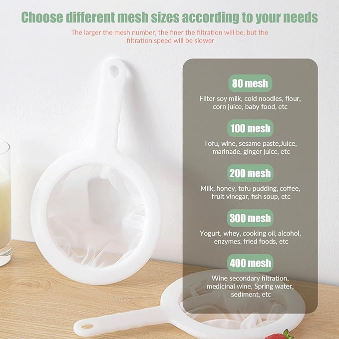 2 Pack Fine Nylon Mesh Strainer,Reusable Mesh Filter Bags for Filter NutMilk, Coffee, Milk, Butter, Juices and Fresh Cheese (200 Mesh)