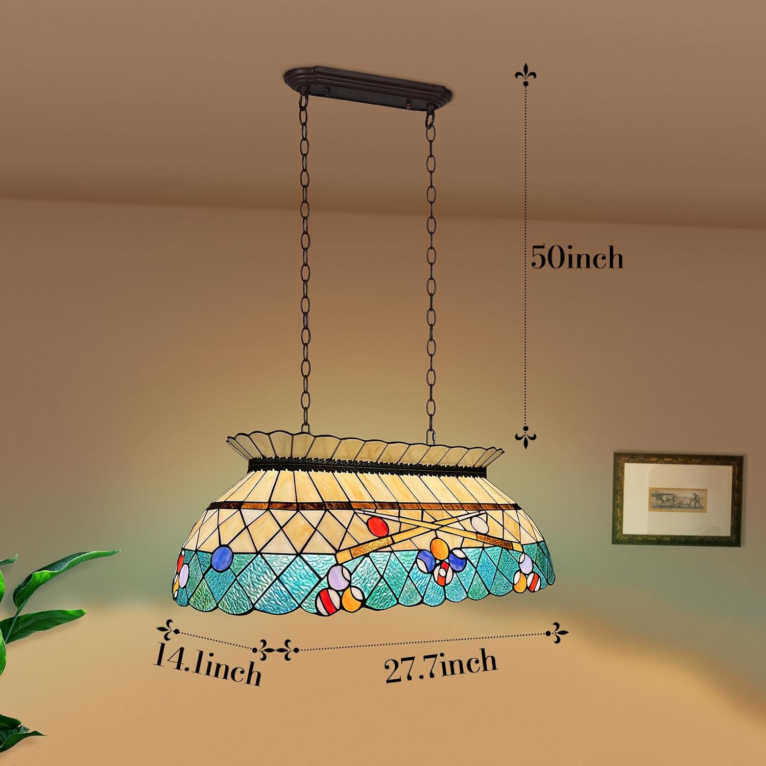 Capulina Tiffany Pool Table Light Pendant Light Fixture 3 Light Amber Green Style Stained Glass Chandelier for Billiard Room Kitchen Island Dining Room