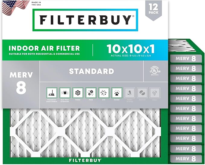 Filterbuy 10x10x1 Air Filter MERV 8 (MPR 700) Dust Defense Replacement (12-Pack), Electrostatic Pleated HVAC AC Furnace Filters, Made in USA (Actual Size: 9.50 x 9.50 x 0.75)