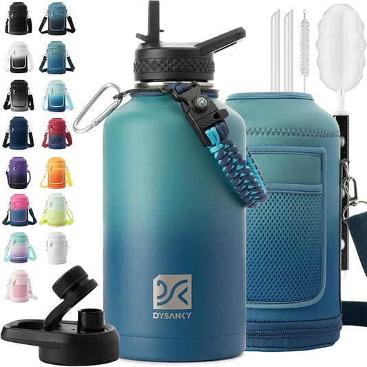 Insulated Water Bottle | Thickened Stainless Steel Vacuum Metal | Portable Sports Half Gallon Large Water Jug for Gym and Hiking with Straw, Carrier Bag, Handle Strap | BPA-Free 64 oz-FlexoryFit