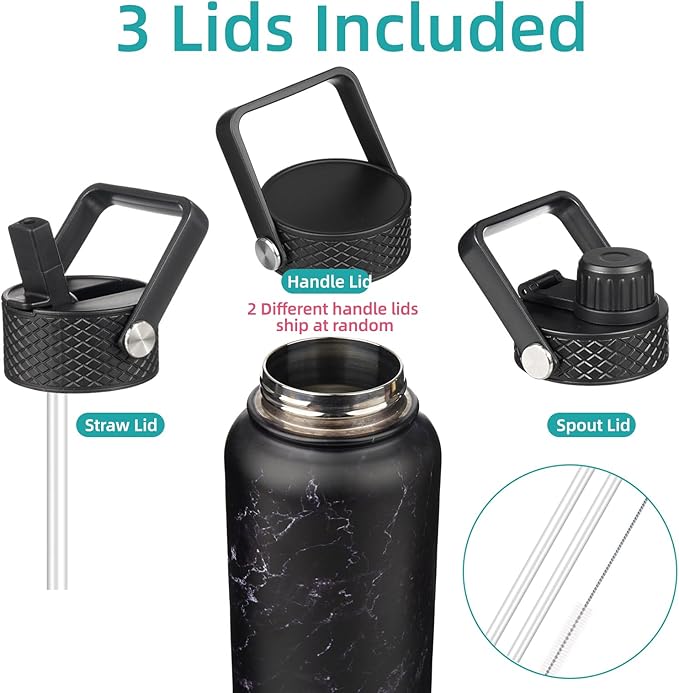 18 oz Insulated Water Bottle Stainless Steel Sport Bottles with 3 Lids,Marble Midnight-FlexoryFit