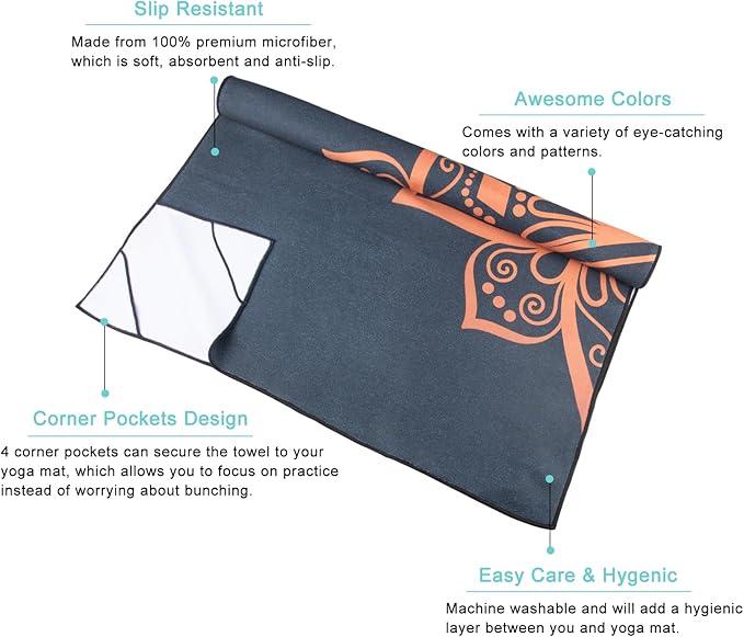 QiyI Yoga Mat Towel with Corner Pockets, Non Slip Sweat Absorbent Hot Yoga Towels, Soft Yoga Blankets with Travel Bag, Skidless Mat Cover for Workout, Gym, Fitness - 70"x26", Luxury Golden Mandala-FlexoryFit
