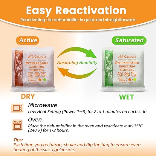 Adsorbco Rechargeable 200 Gram 10 Packs Desiccant, Indicating Silica Gel Packets, Moisture Absorbers for Storage, Gun Safe Dehumidifiers