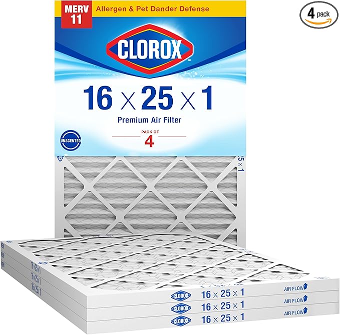 Clorox 16x25x1 Air Filter, MERV 11 Pleated HVAC AC Furnace Air Filters, MPR 1000 & FPR 7 – Pack of 4