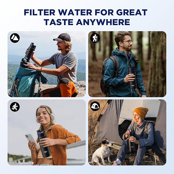 Membrane Solutions C3 Filtered Water Bottle, 32oz Stainless Steel Water Bottle with Replaceable Filter Cartridge, Portable Water Filter, Travel, Hiking & Camping for Drinking Water(Black)