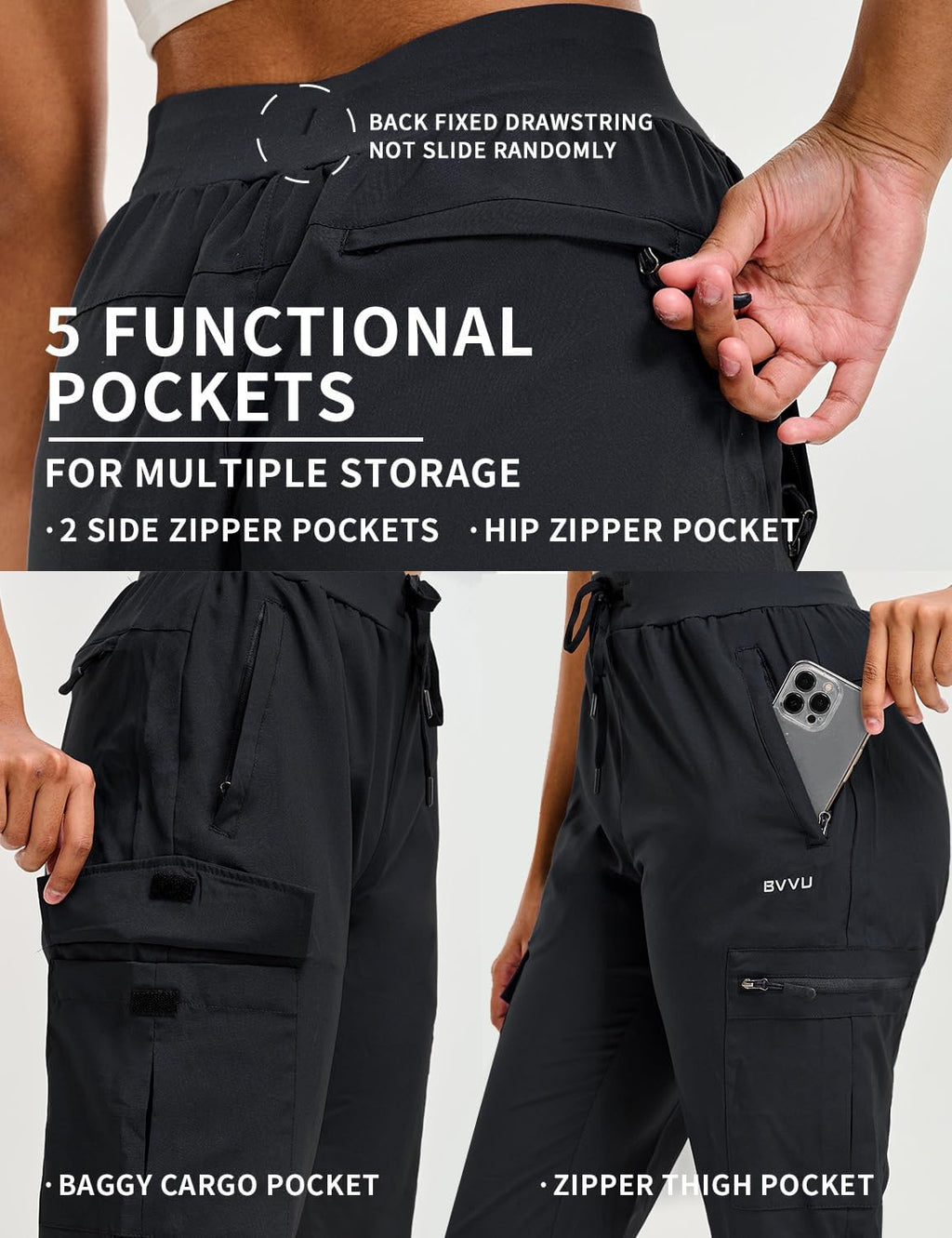 BVVU Women's Hiking Pants Lightweight Quick Dry Travel Outdoor Pants Waterproof Work Cargo Joggers with Zipper Pockets