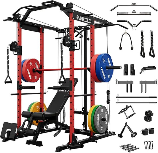 Mikolo Power Cage, Power Rack with Cable Crossover System, 1500LBS Squat Rack with LAT Pull Down System, Workout Cage with Pulley System for Fitness Home Gym-FlexoryFit