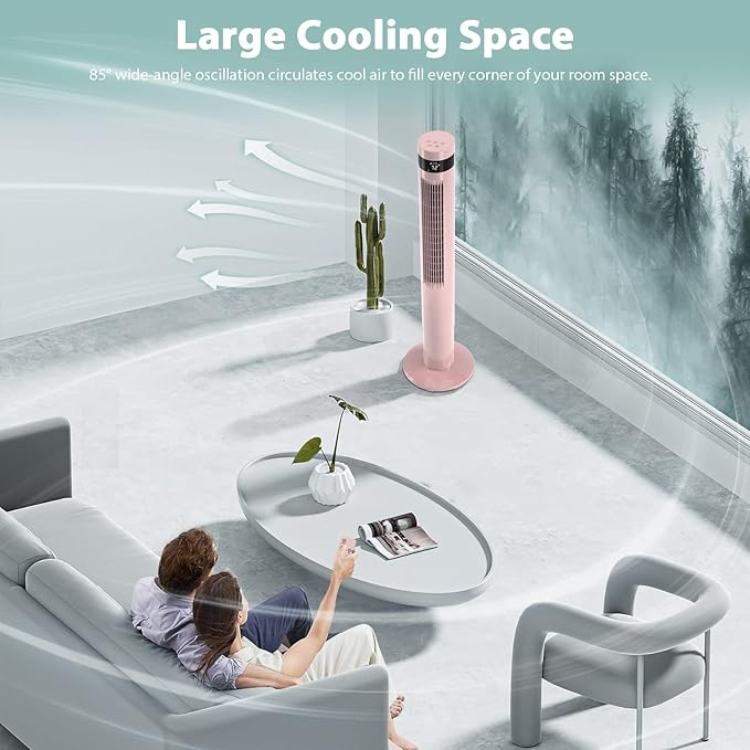 Antarctic Star Tower Fan Portable Floor Fans 85°Oscillating Fan 43'' Quiet Cooling 12H Timer Remote Control Standing Bladeless Electric 3 Speeds Wind 3 Modes Bedroom Office(43 inch, Pink)