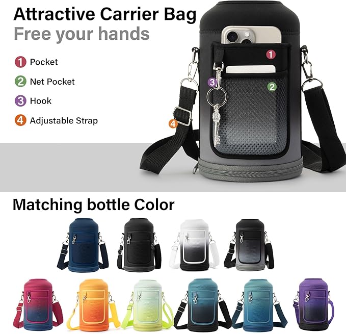 1 Gallon Water Bottle Insulated | Thickened Stainless Steel Vacuum Metal Water Jug | Portable Sports Large for Gym and Hiking with Straw, Carrier Bag, Handle Strap | BPA-Free 128 oz-FlexoryFit