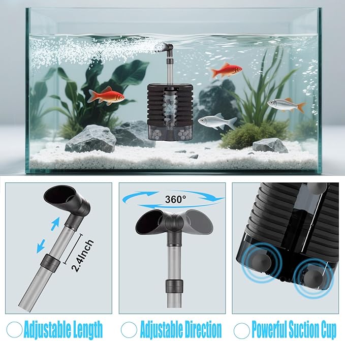 Carefree Fish Aquarium USB Sponge Filter Quiet for 10~30Gal Fish Tank for Saltwater and Freshwater with Biochemical Filtration Balls and Fluidized Beds