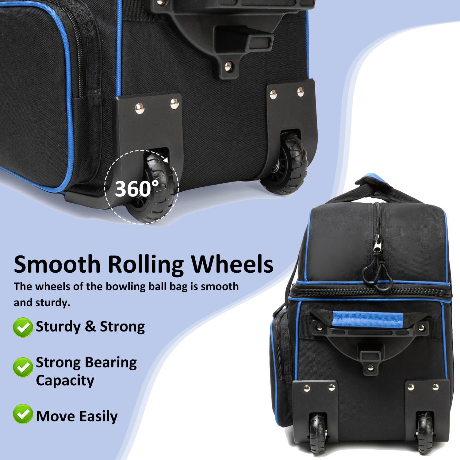 Bowling Bag with Wheels Double Roller 2 Ball Bowling Separate Shoe Compartment and Oversized Accessory Pocket, 36.6" Extendable Handle.