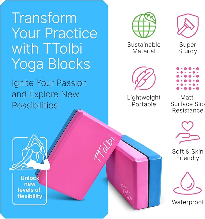 Yoga Blocks 2 Pack Set with Dance Stretch Band & Guide: Non-Slip EVA Foam Block - Ideal Stretching Equipment for Home Workouts, Pilates, Dance, Ballet, Gymnastics, Exercise - Stretch Strap Stuff Props-FlexoryFit