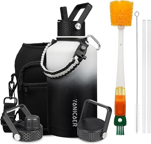 Insulated Water Bottle 64oz,Triple Wall Vacuum Stainless Steel(Dishwasher Safe),Leak Proof & Non-BPA,Flask Jug with Paracord Handle & Straw Spout Lids Sports-FlexoryFit