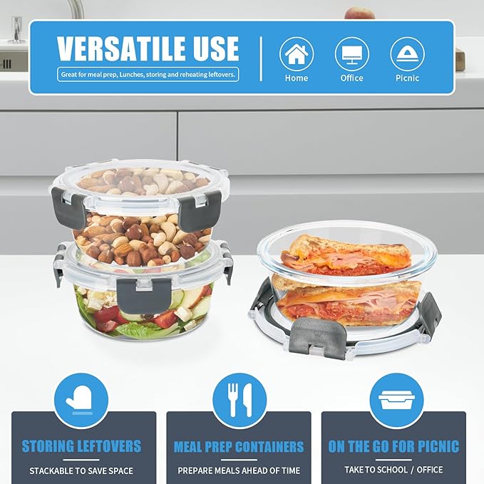 12 Pack Small Glass Food Storage Containers with Lids Airtight, 13oz Leak-Proof Meal Prep Containers Set, Freezer to Microwave Safe, Dishwasher Safe-FlexoryFit