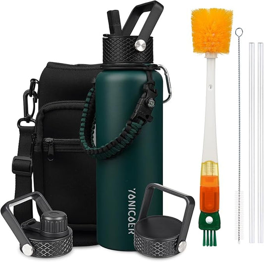 Insulated Water Bottle 64oz,Triple Wall Vacuum Stainless Steel(Dishwasher Safe),Leak Proof & Non-BPA,Flask Jug with Paracord Handle & Straw Spout Lids Sports-FlexoryFit