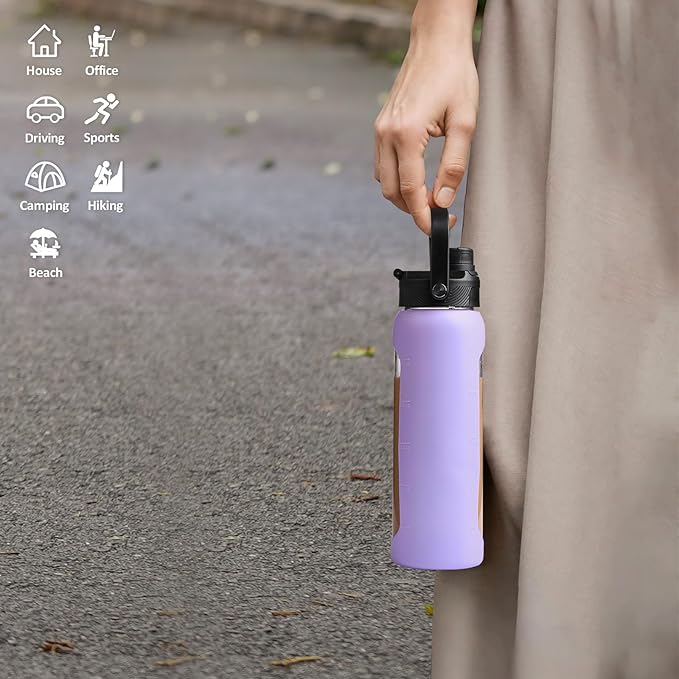 Kodrine Water Bottle with Straw, 24 oz Glass water Bottle with 2 Lids Bamboo Straw Lid and Spout Lid with Handle, 32 oz Clear Water Bottle Glass for Sports Travel, Waterbottle with Time Marker-FlexoryFit