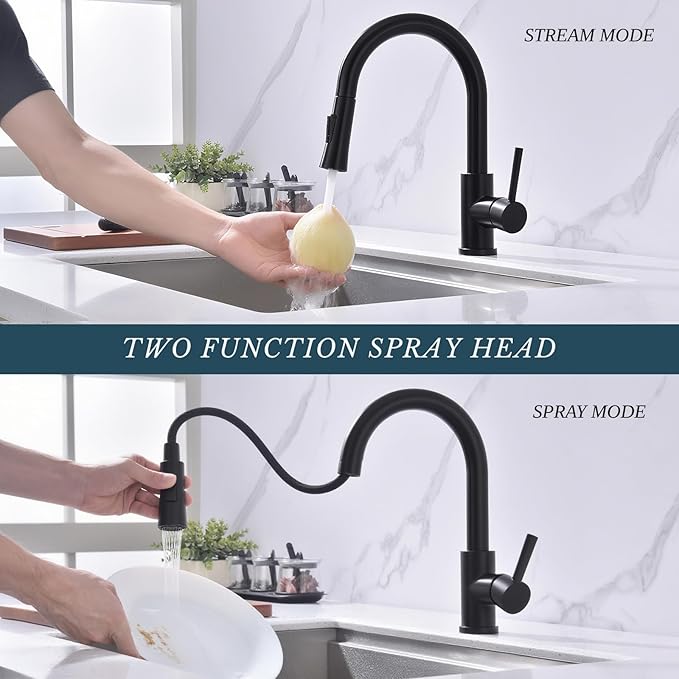 Kitchen Faucet with Pull Down Sprayer SUS304 Stainless Steel High Arc Pull Out Kitchen Sink Faucets Utility Laundry Farmhouse Camper Rv Modern for 1 or 3 Hole Sink, KF1-BK