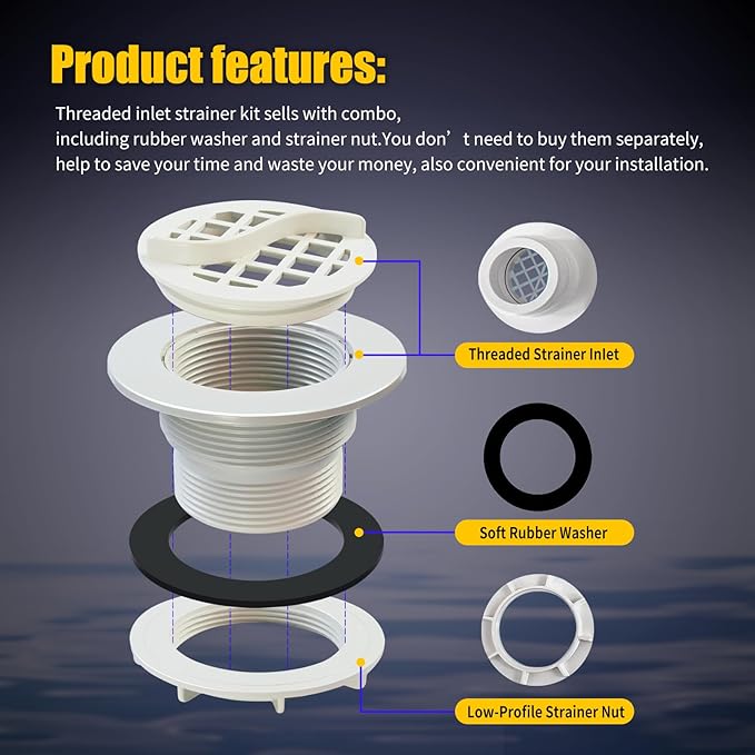 2Pcs Threaded Inlet Strainer Kit Compatible with Intex Filter Pumps w/ 1-1/2" Hoses,Incl Rubber Washer and Strainer Nut,Inlet Strainer use for Stock Tank Pools & Above Ground Pool