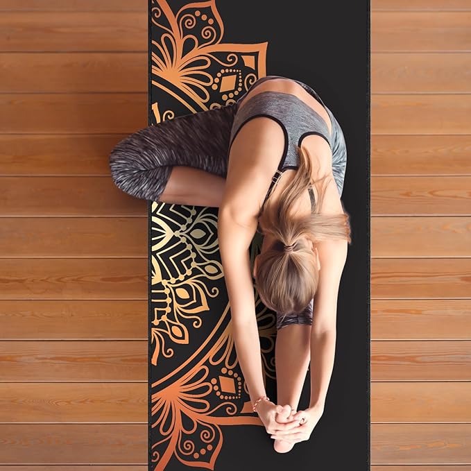 QiyI Yoga Mat Towel with Corner Pockets, Non Slip Sweat Absorbent Hot Yoga Towels, Soft Yoga Blankets with Travel Bag, Skidless Mat Cover for Workout, Gym, Fitness - 70"x26", Luxury Golden Mandala-FlexoryFit