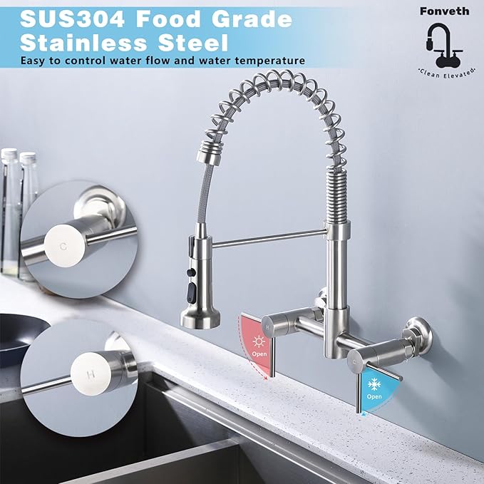 Wall Mount Kitchen Faucet, 8 Inch Center Wall Mount Kitchen Sink Faucet with Pull Down Sprayer Commercial, Brushed Nickel