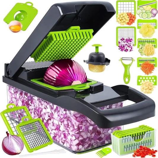 16-in-1 Ultimate Vegetable Chopper & Mandoline Slicer – Multi-Blade Food Dicer, Spiralizer, Grater & Cutter with Container – Kitchen Gadget for Fruits, Veggies, Cheese – Black & Green-FlexoryFit