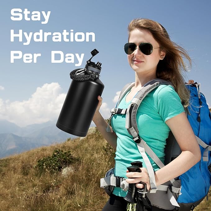 1 Gallon Water Bottle Insulated, Leak Proof 128 oz Stainless Steel Water Jug with Straw/Spout 2-in-1 Lid, Sleeve, Paracord Handle, Silicone Boot, One Gal Metal Canteen for Gym Sports Camping-FlexoryFit