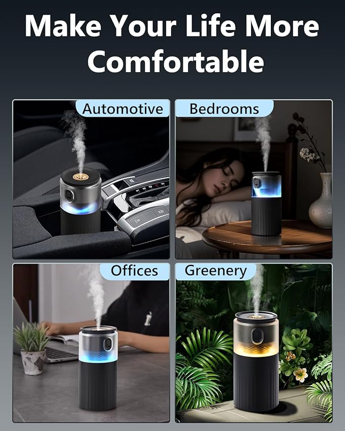 OATSBASF Portable Mini Humidifier, Small Cool Mist Car Humidifier with Night Light, 28dB Quiet Cool Mist Air Humidifier for Bedroom, Office, Plants, Dorm, 2 Mist Modes, Easy to Fill and Clean (Black)