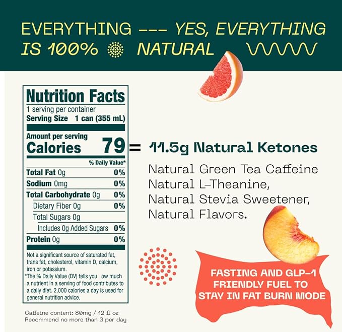 KEY Ketone Energy Drink : Sugar Free, 80mg Low Caffeine, All Natural, 11.5g Ketones, Long Lasting Energy, Green Tea & L-Theanine for Mental Focus, Grapefruit Peach (Pack of 12)-FlexoryFit