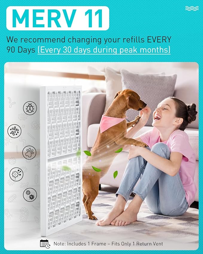 14x24x1 Refillable Air Filter Kit, MERV 11, 1 Reusable Foldable Frame ＆ 6 Refills, Fits Most AC HVAC Furnace Devices, Actual Size 13.75x23.75x0.75in