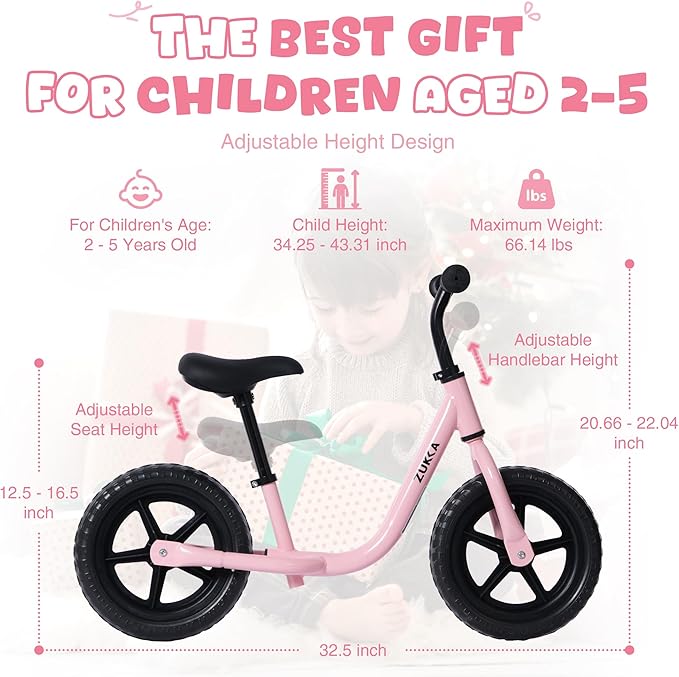 12 inch Toddler Balance Bike Adjustable Handlebar & Seat Anti-Slip Grip Suitable for 2-5 Years Old with Footrest Lightweight for Tolddlers Boys Girls Multiple Colors to Choose-FlexoryFit
